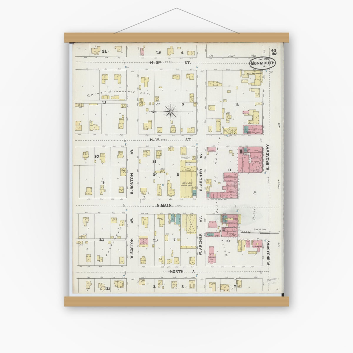 Old map wall art mockup — magnetic wood frame on white wall — Sanborn Fire Insurance Map from Monmouth, Warren County, Illinois (1892), Sheet #0002