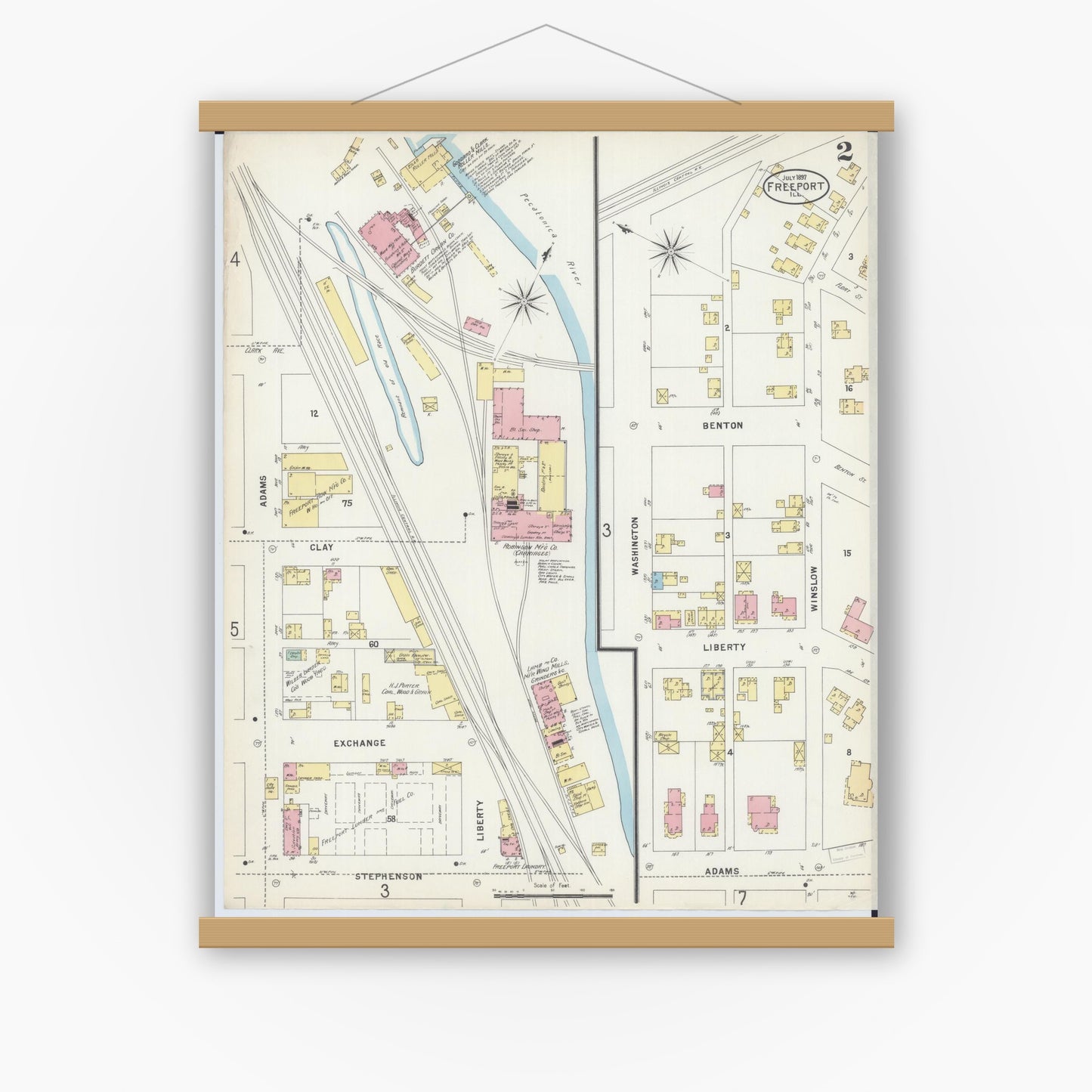 Old map wall art mockup — magnetic wood frame on white wall — Sanborn Fire Insurance Map from Freeport, Stephenson County, Illinois (1897), Sheet #0002