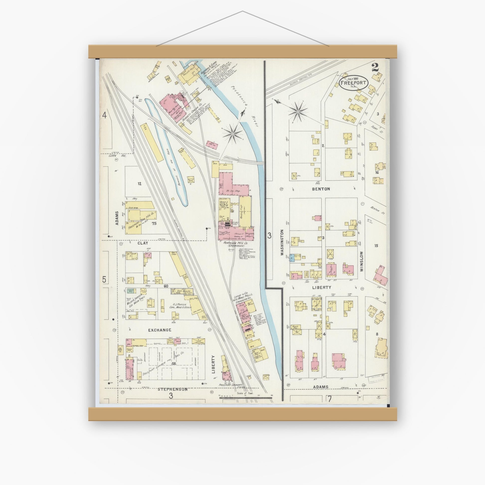Old map wall art mockup — magnetic wood frame on white wall — Sanborn Fire Insurance Map from Freeport, Stephenson County, Illinois (1897), Sheet #0002