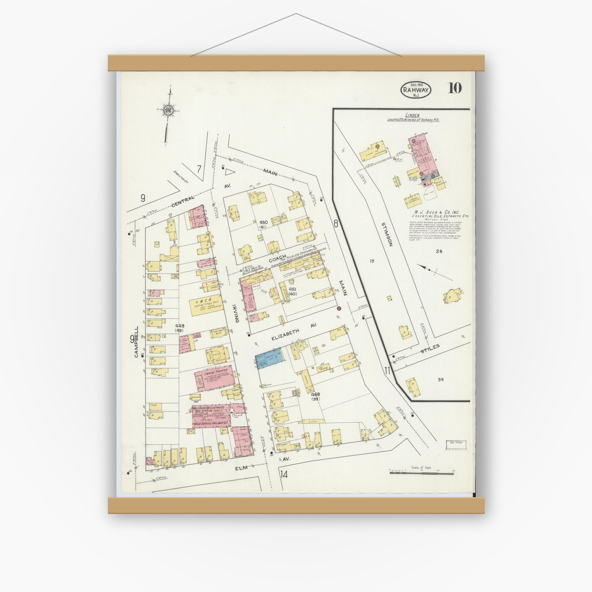 Old map wall art mockup — magnetic wood frame on white wall — Sanborn Fire Insurance Map from Rahway, Union County, New Jersey (1915), Sheet #0010