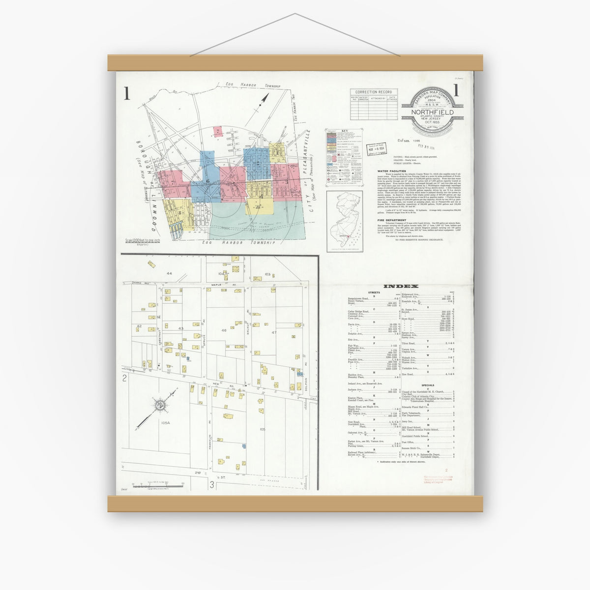 Old map wall art mockup — magnetic wood frame on white wall — Sanborn Fire Insurance Map from Northfield, Atlantic County, New Jersey (1933) - Complete Map Set