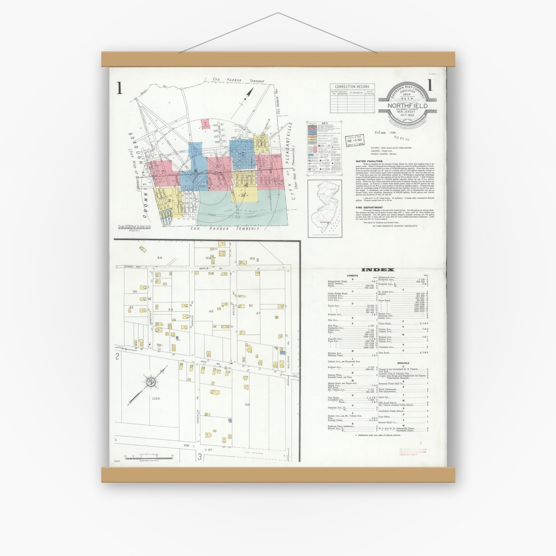 Old map wall art mockup — magnetic wood frame on white wall — Sanborn Fire Insurance Map from Northfield, Atlantic County, New Jersey (1933) - Complete Map Set