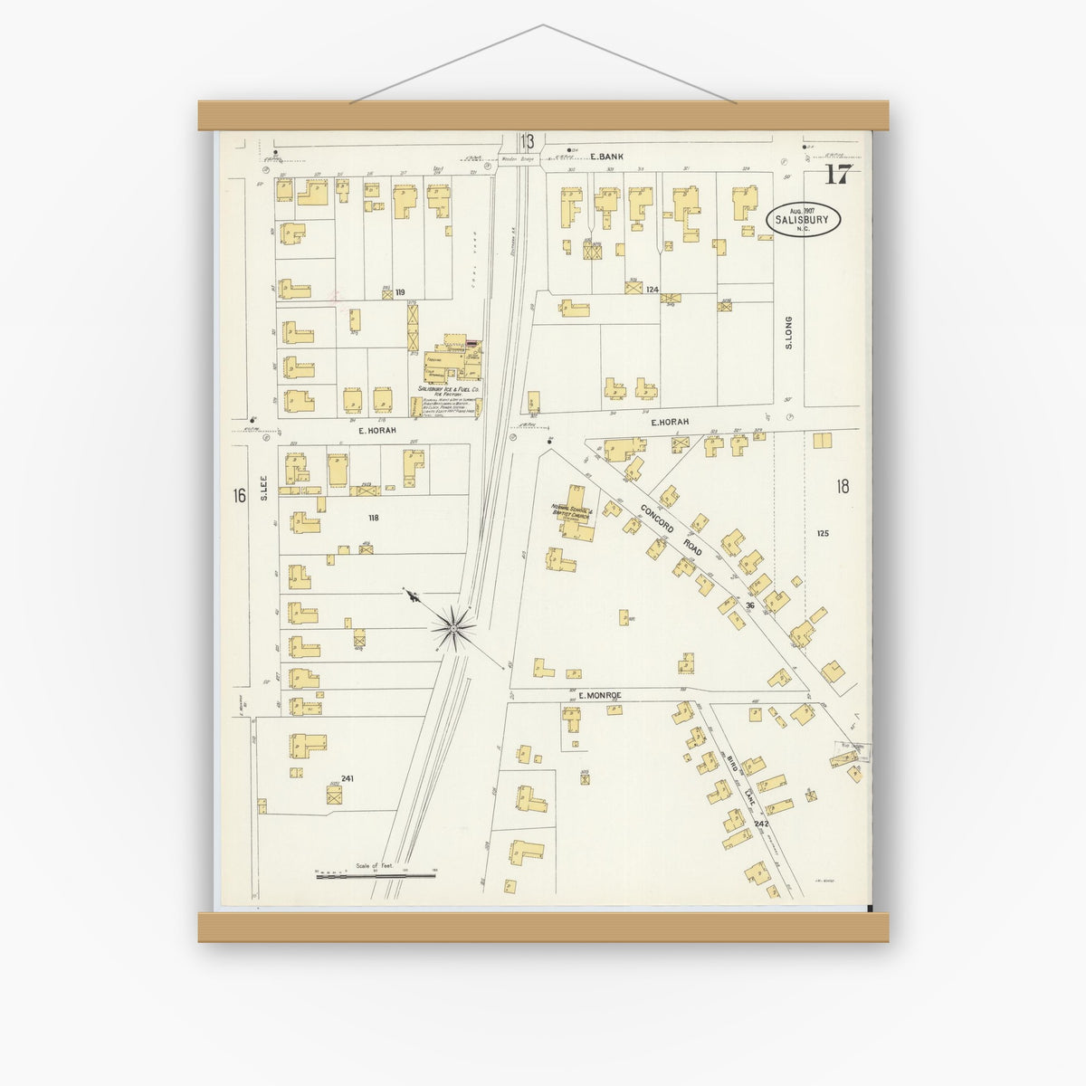 Old map wall art mockup — magnetic wood frame on white wall — Sanborn Fire Insurance Map from Salisbury, Rowan County, North Carolina (1907), Sheet #0017