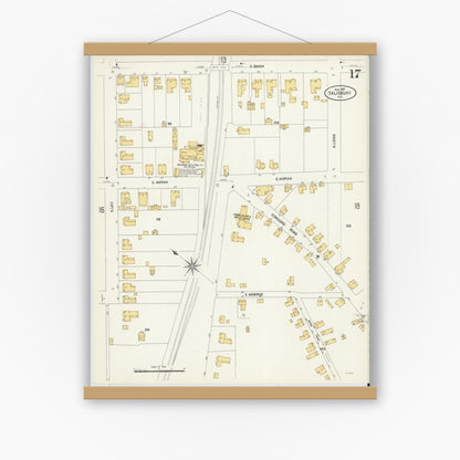 Old map wall art mockup — magnetic wood frame on white wall — Sanborn Fire Insurance Map from Salisbury, Rowan County, North Carolina (1907), Sheet #0017