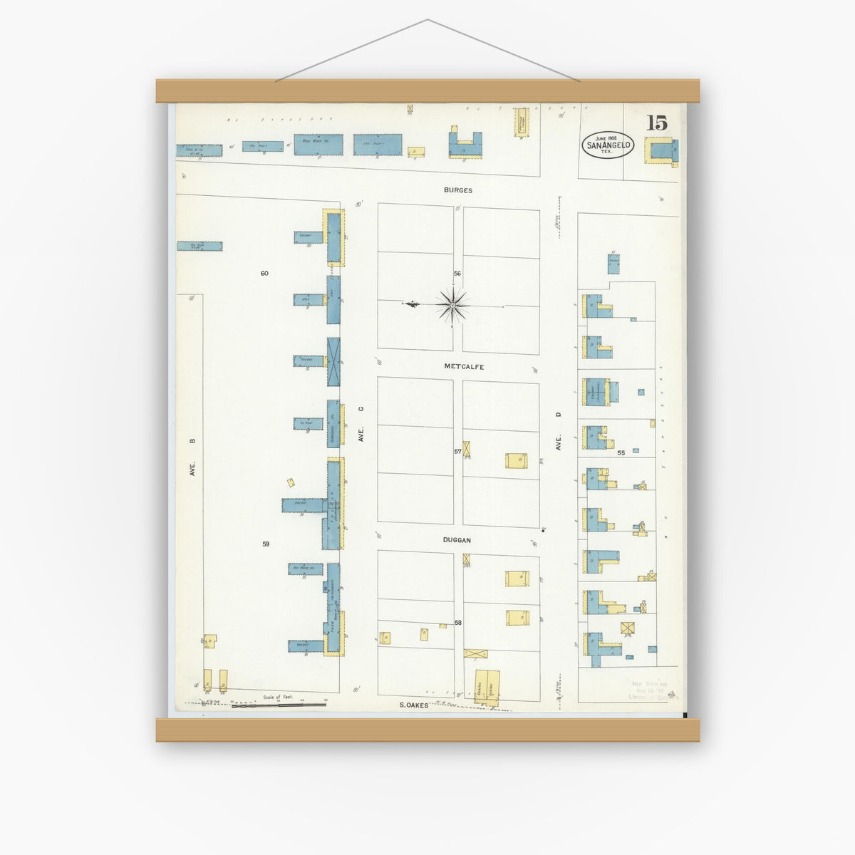 Old map wall art mockup — magnetic wood frame on white wall — Sanborn Fire Insurance Map from San Angelo, Tom Green County, Texas (1908), Sheet #0015