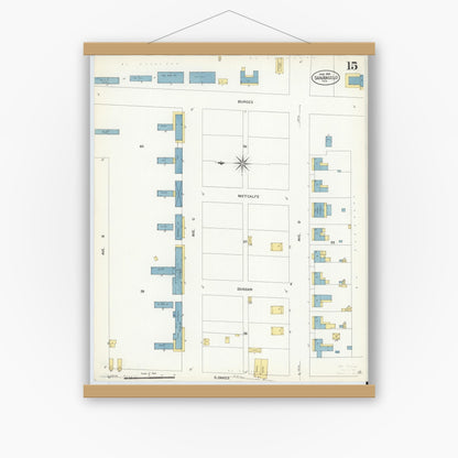 Old map wall art mockup — magnetic wood frame on white wall — Sanborn Fire Insurance Map from San Angelo, Tom Green County, Texas (1908), Sheet #0015