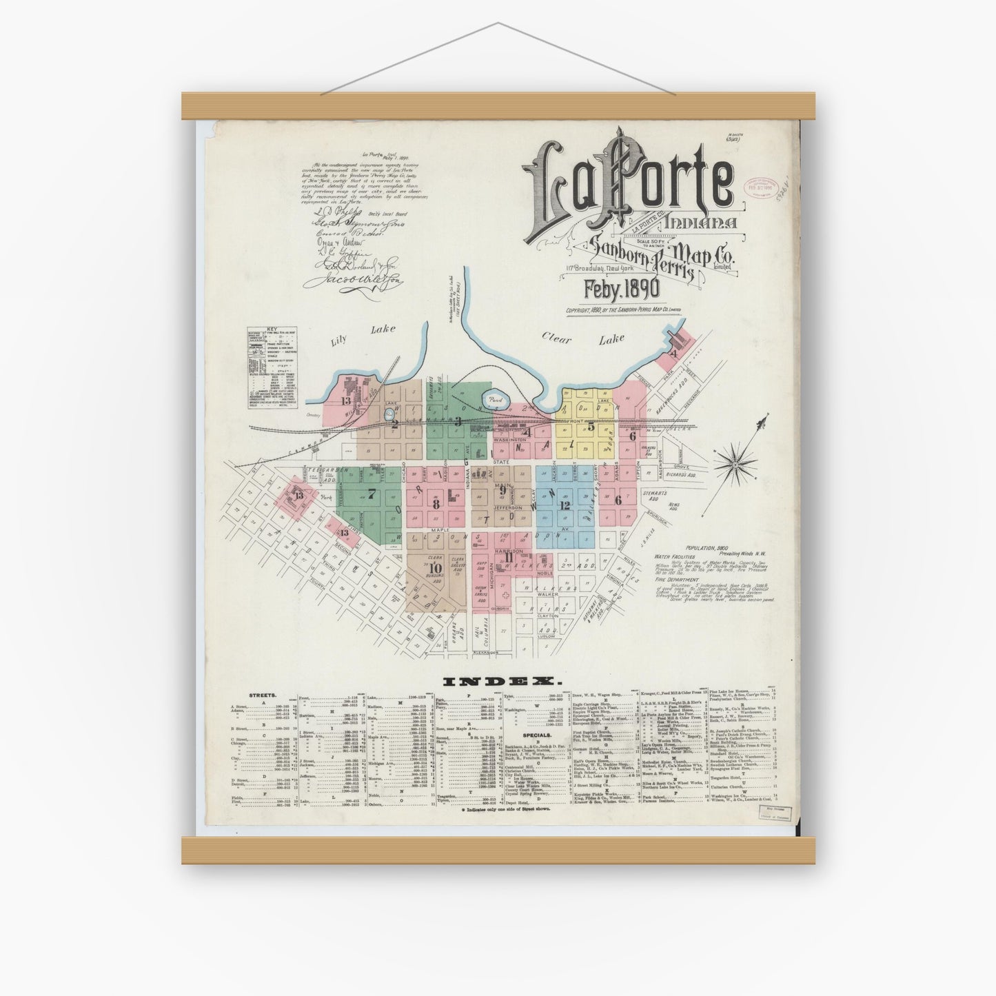 Old map wall art mockup — magnetic wood frame on white wall — Sanborn Fire Insurance Map from La Porte, La Porte County, Indiana (1890) - Complete Map Set