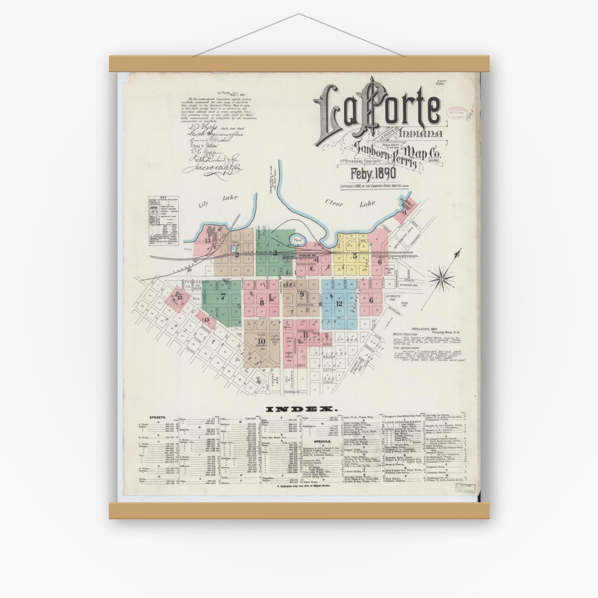 Old map wall art mockup — magnetic wood frame on white wall — Sanborn Fire Insurance Map from La Porte, La Porte County, Indiana (1890) - Complete Map Set
