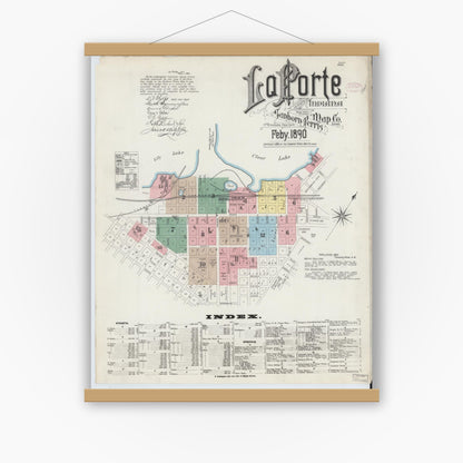 Old map wall art mockup — magnetic wood frame on white wall — Sanborn Fire Insurance Map from La Porte, La Porte County, Indiana (1890) - Complete Map Set