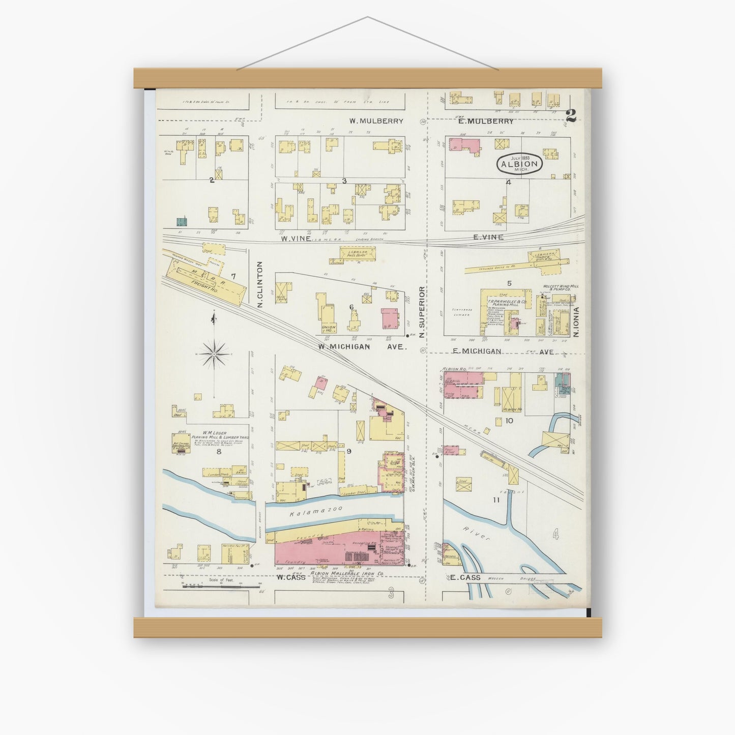 Old map wall art mockup — magnetic wood frame on white wall — Sanborn Fire Insurance Map from Albion, Calhoun County, Michigan (1893), Sheet #0002