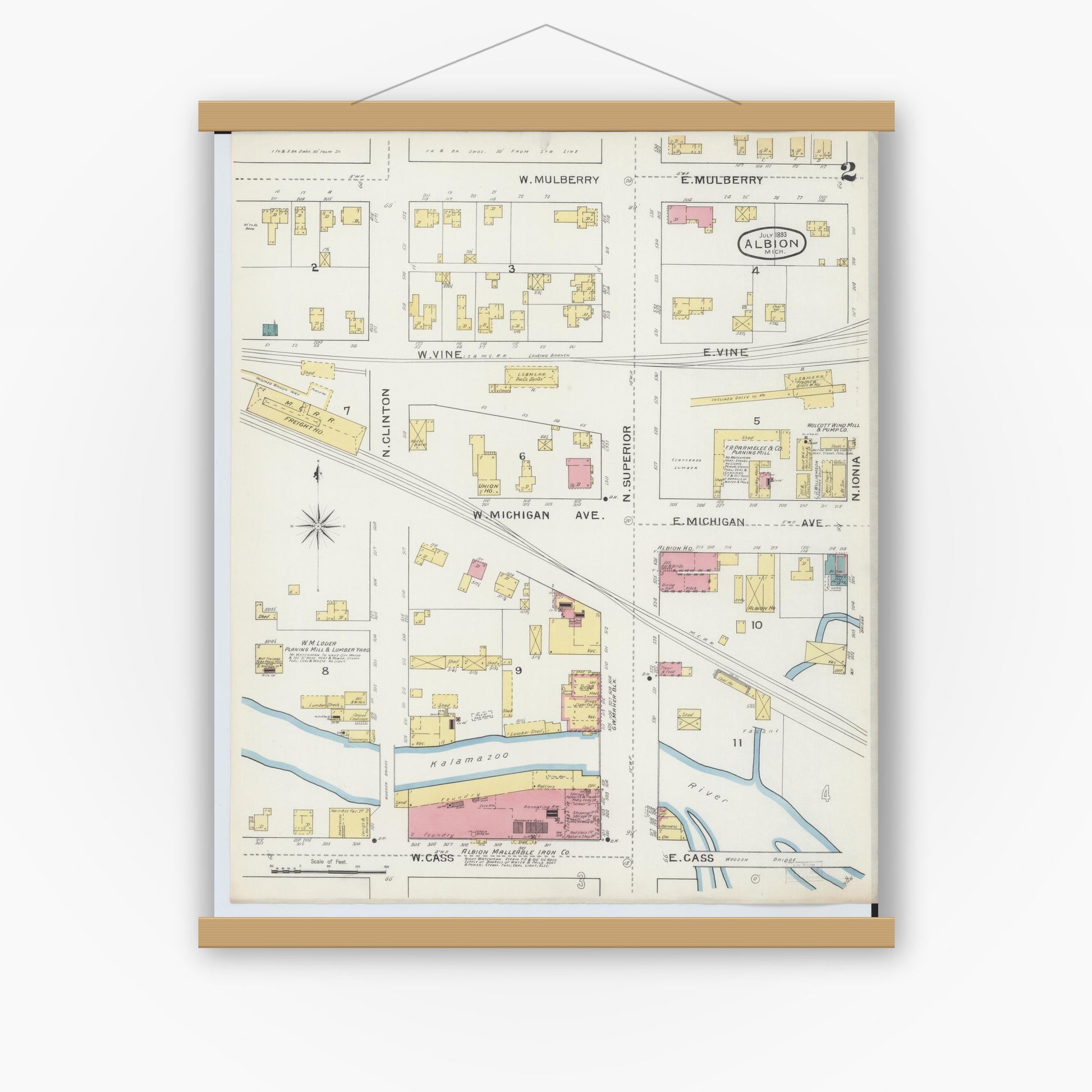 Old map wall art mockup — magnetic wood frame on white wall — Sanborn Fire Insurance Map from Albion, Calhoun County, Michigan (1893), Sheet #0002