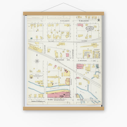 Old map wall art mockup — magnetic wood frame on white wall — Sanborn Fire Insurance Map from Albion, Calhoun County, Michigan (1893), Sheet #0002
