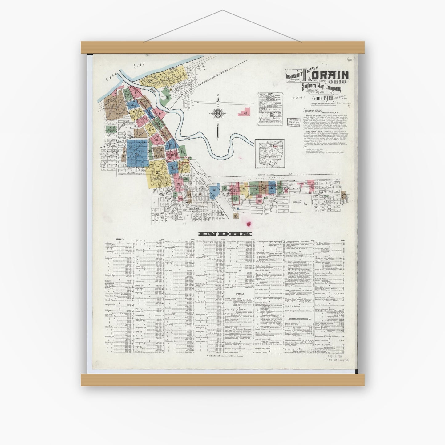 Old map wall art mockup — magnetic wood frame on white wall — Sanborn Fire Insurance Map from Lorain, Lorain County, Ohio (1918), Sheet #0001