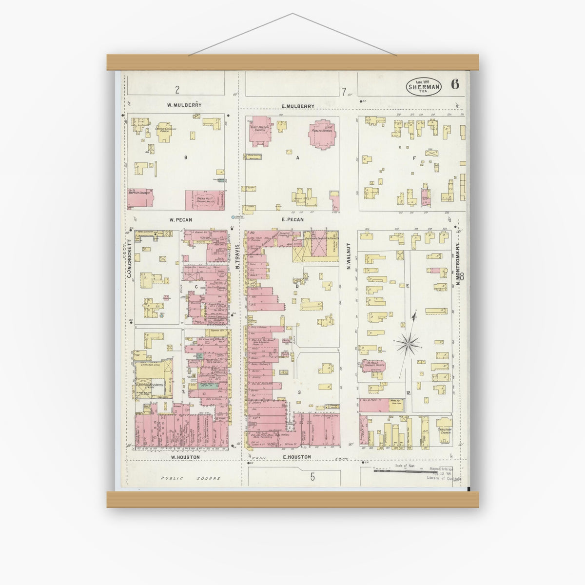 Old map wall art mockup — magnetic wood frame on white wall — Sanborn Fire Insurance Map from Sherman, Grayson County, Texas (1897), Sheet #0006