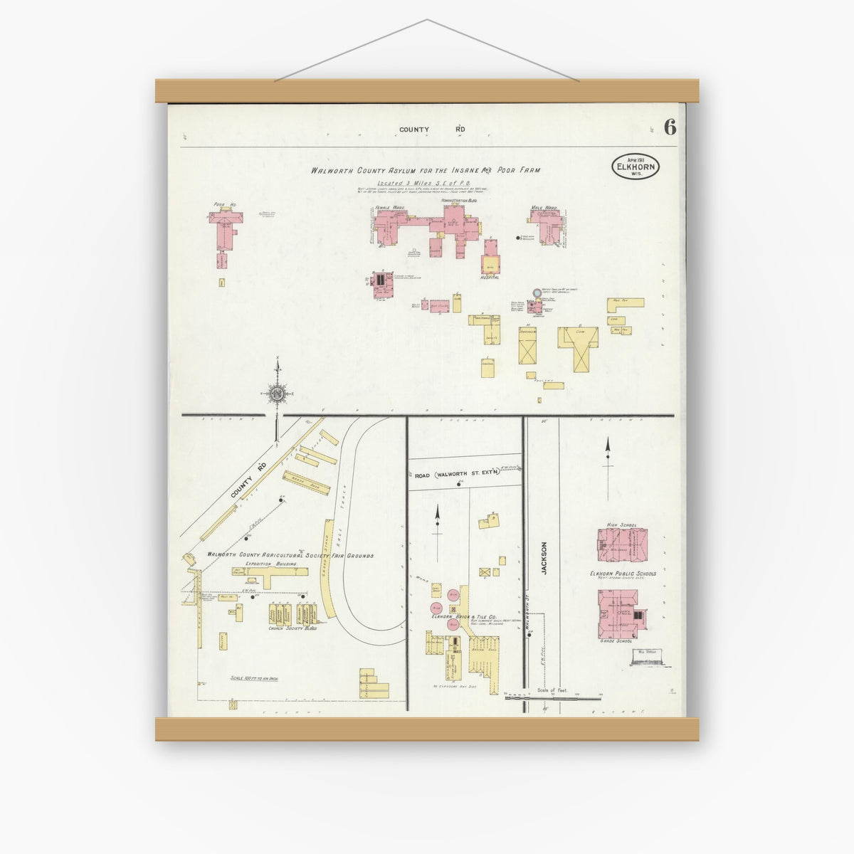 Old map wall art mockup — magnetic wood frame on white wall — Sanborn Fire Insurance Map from Elkhorn, Walworth County, Wisconsin (1911), Sheet #0006