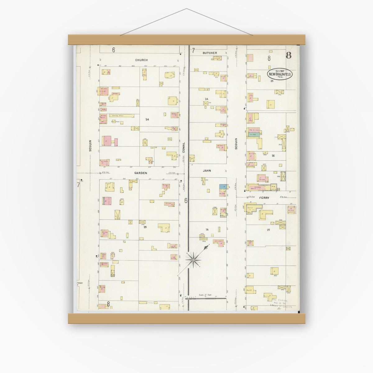 Old map wall art mockup — magnetic wood frame on white wall — Sanborn Fire Insurance Map from New Braunfels, Comal County, Texas (1907), Sheet #0008