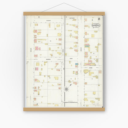 Old map wall art mockup — magnetic wood frame on white wall — Sanborn Fire Insurance Map from New Braunfels, Comal County, Texas (1907), Sheet #0008
