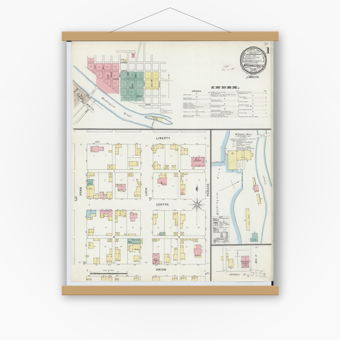 Old map wall art mockup — magnetic wood frame on white wall — Sanborn Fire Insurance Map from McConnelsville, Morgan County, Ohio (1896) - Complete Map Set