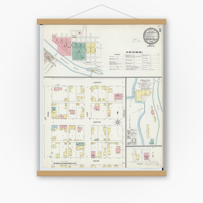 Old map wall art mockup — magnetic wood frame on white wall — Sanborn Fire Insurance Map from McConnelsville, Morgan County, Ohio (1896) - Complete Map Set