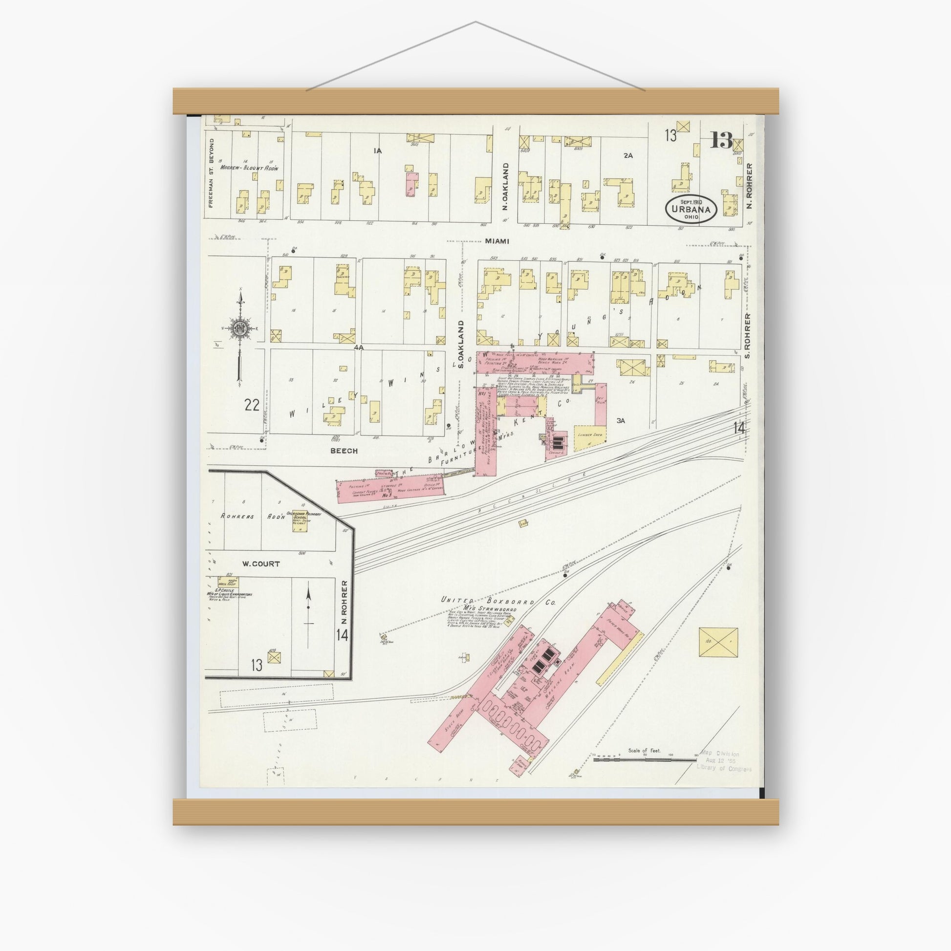 Old map wall art mockup — magnetic wood frame on white wall — Sanborn Fire Insurance Map from Urbana, Champaign County, Ohio (1910), Sheet #0013