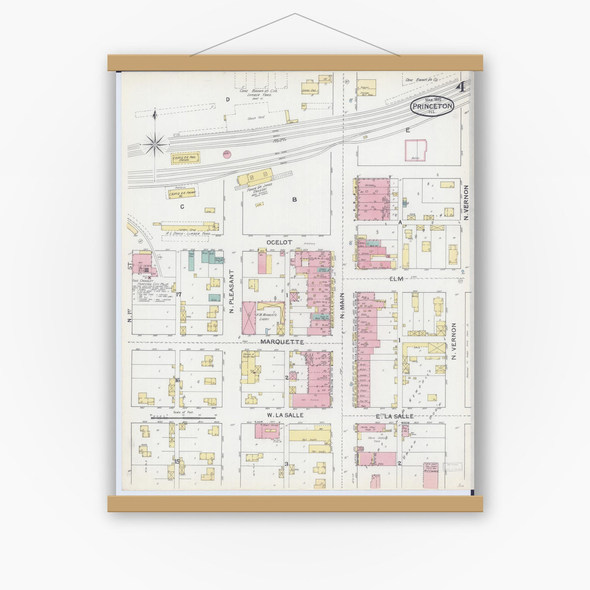 Old map wall art mockup — magnetic wood frame on white wall — Sanborn Fire Insurance Map from Princeton, Bureau County, Illinois (1892), Sheet #0004