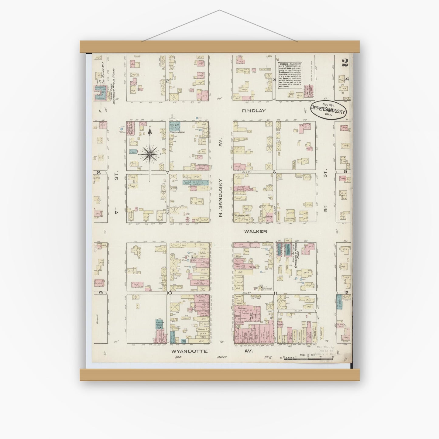 Old map wall art mockup — magnetic wood frame on white wall — Sanborn Fire Insurance Map from Upper Sandusky, Wyandot County, Ohio (1884), Sheet #0002