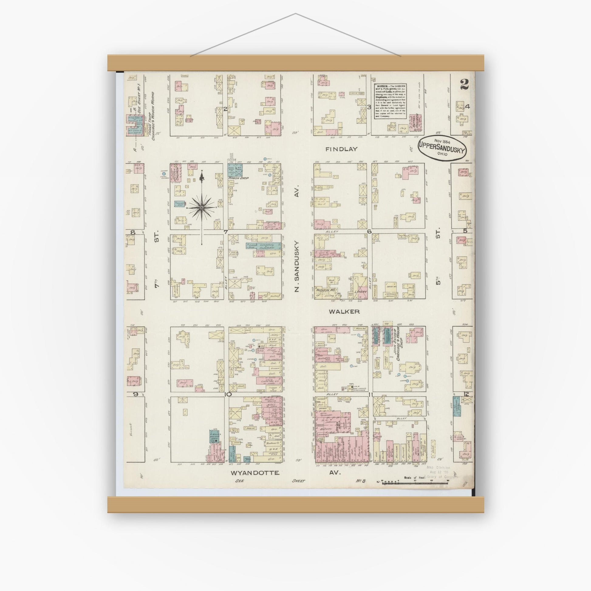 Old map wall art mockup — magnetic wood frame on white wall — Sanborn Fire Insurance Map from Upper Sandusky, Wyandot County, Ohio (1884), Sheet #0002