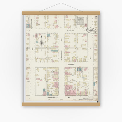Old map wall art mockup — magnetic wood frame on white wall — Sanborn Fire Insurance Map from Upper Sandusky, Wyandot County, Ohio (1884), Sheet #0002
