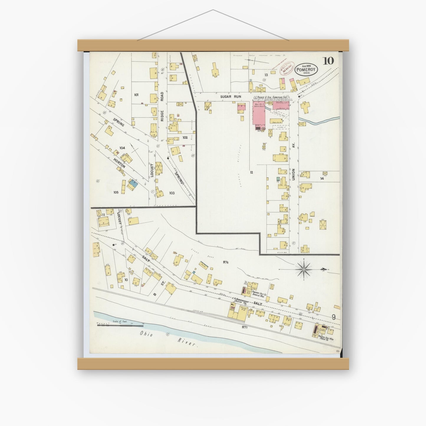 Old map wall art mockup — magnetic wood frame on white wall — Sanborn Fire Insurance Map from Pomeroy, Meigs County, Ohio (1899), Sheet #0010