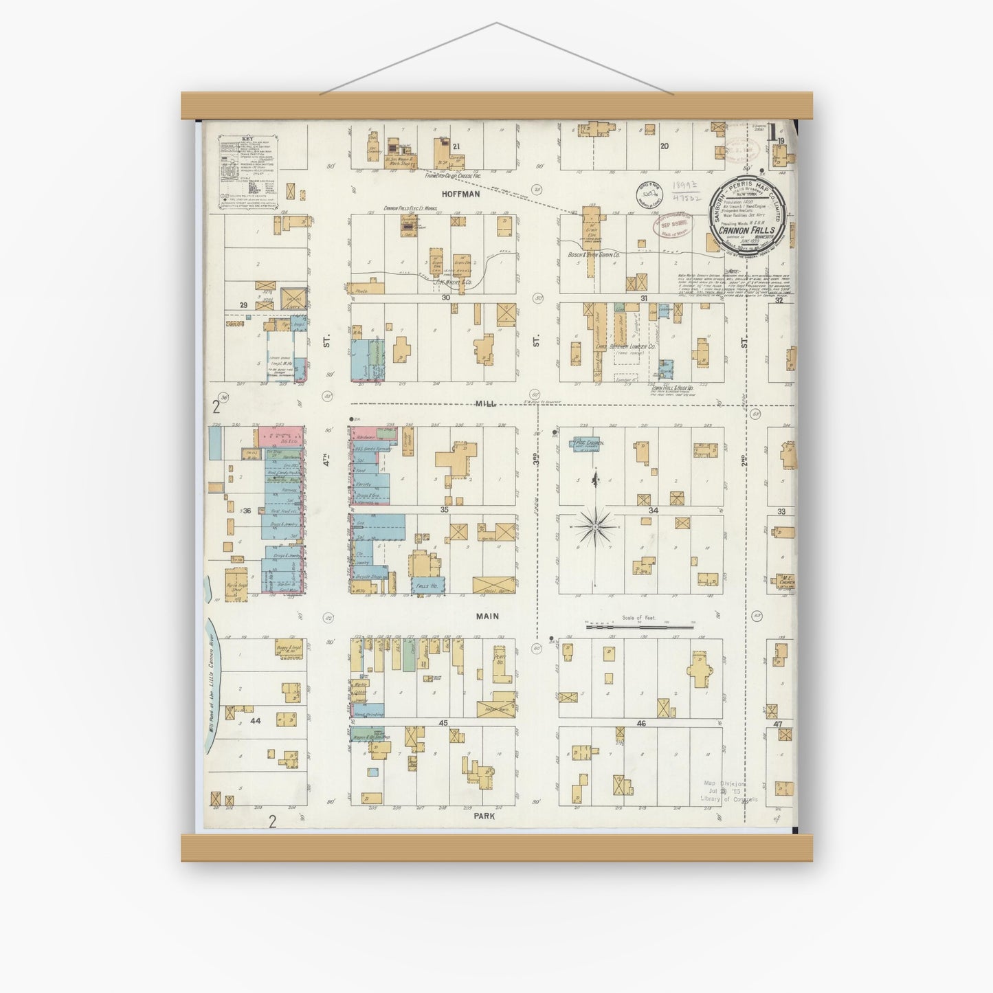 Old map wall art mockup — magnetic wood frame on white wall — Sanborn Fire Insurance Map from Cannon Falls, Goodhue County, Minnesota (1899), Sheet #0001