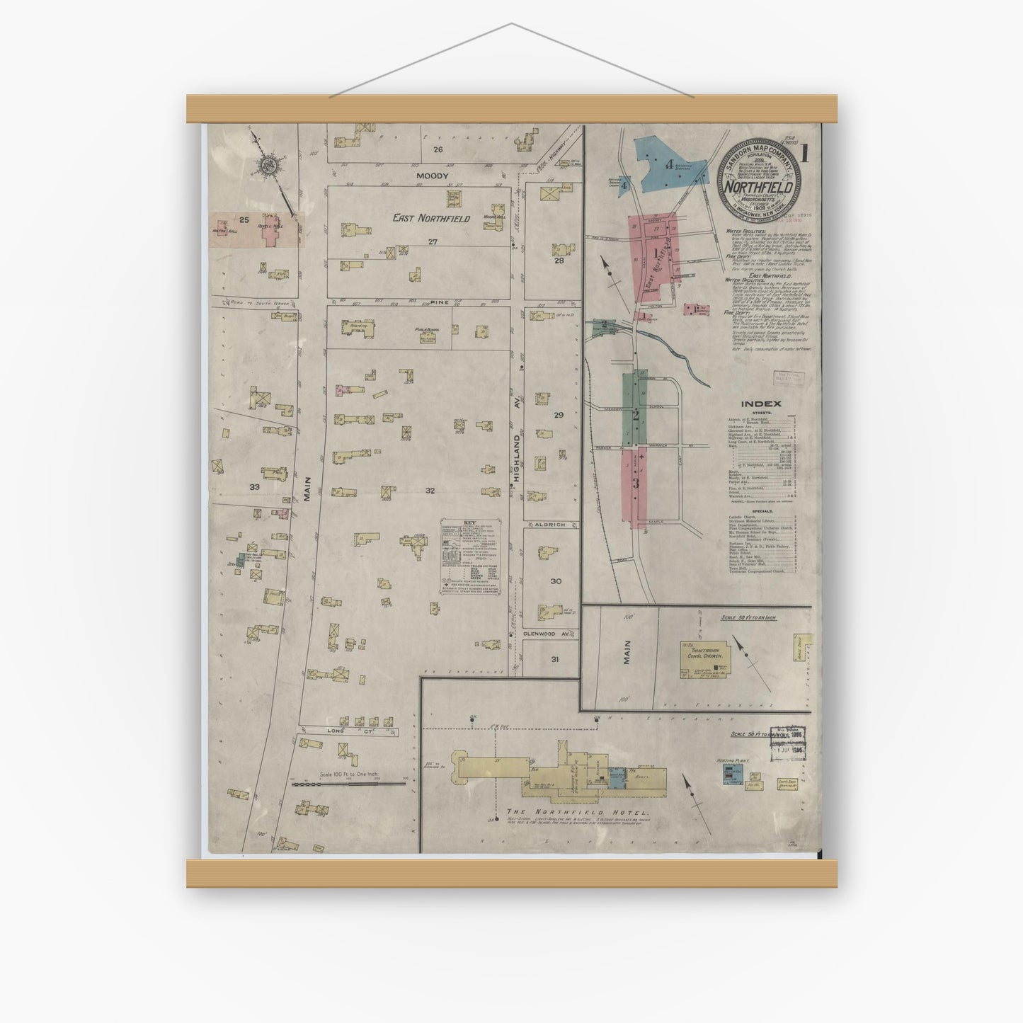 Old map wall art mockup — magnetic wood frame on white wall — Sanborn Fire Insurance Map from Northfield, Franklin County, Massachusetts (1909), Sheet #0001