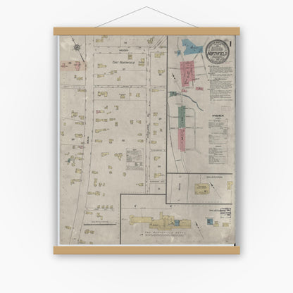 Old map wall art mockup — magnetic wood frame on white wall — Sanborn Fire Insurance Map from Northfield, Franklin County, Massachusetts (1909), Sheet #0001