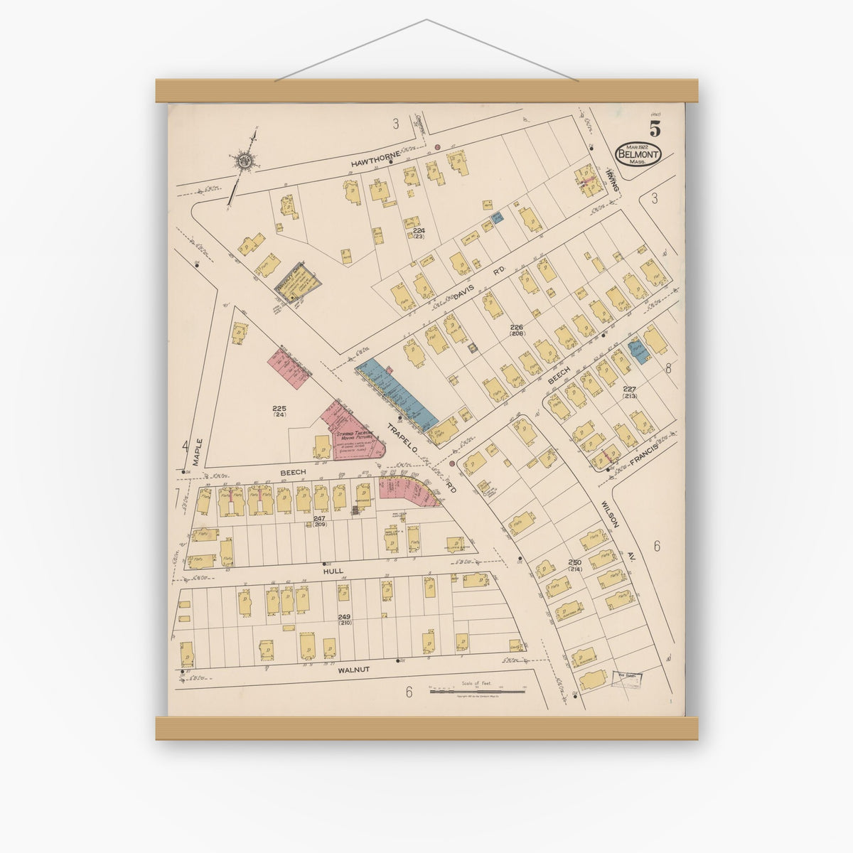 Old map wall art mockup — magnetic wood frame on white wall — Sanborn Fire Insurance Map from Belmont, Middlesex County, Massachusetts (1922), Sheet #0005