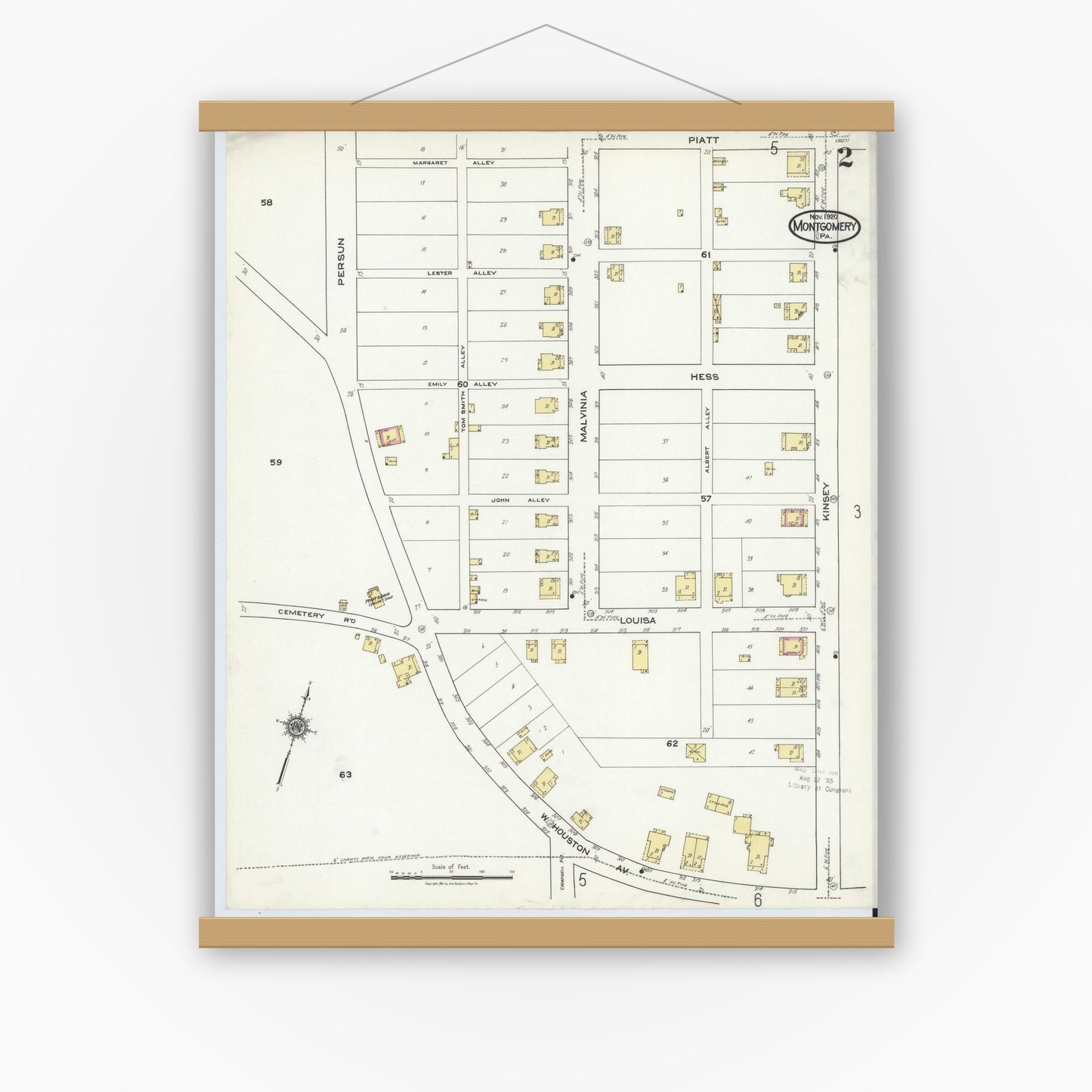 Old map wall art mockup — magnetic wood frame on white wall — Sanborn Fire Insurance Map from Montgomery, Lycoming County, Pennsylvania (1920), Sheet #0002