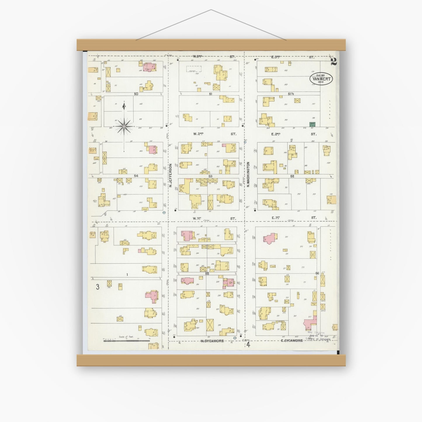 Old map wall art mockup — magnetic wood frame on white wall — Sanborn Fire Insurance Map from Van Wert, Van Wert County, Ohio (1901), Sheet #0002