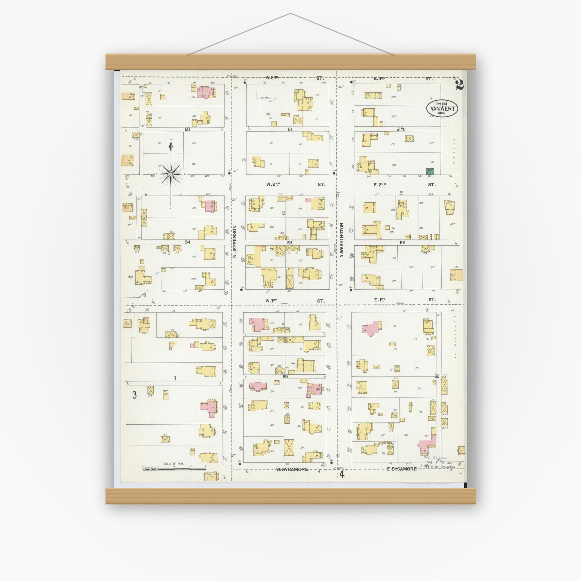 Old map wall art mockup — magnetic wood frame on white wall — Sanborn Fire Insurance Map from Van Wert, Van Wert County, Ohio (1901), Sheet #0002