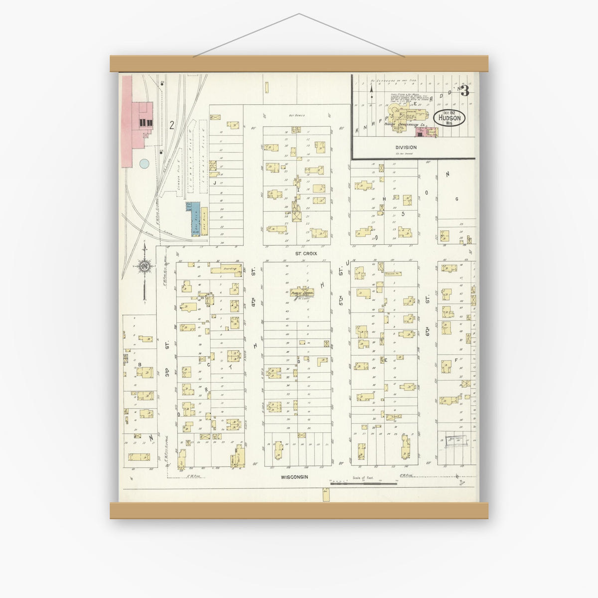 Old map wall art mockup — magnetic wood frame on white wall — Sanborn Fire Insurance Map from Hudson, St. Croix County, Wisconsin (1912), Sheet #0003