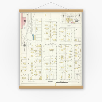 Old map wall art mockup — magnetic wood frame on white wall — Sanborn Fire Insurance Map from Hudson, St. Croix County, Wisconsin (1912), Sheet #0003