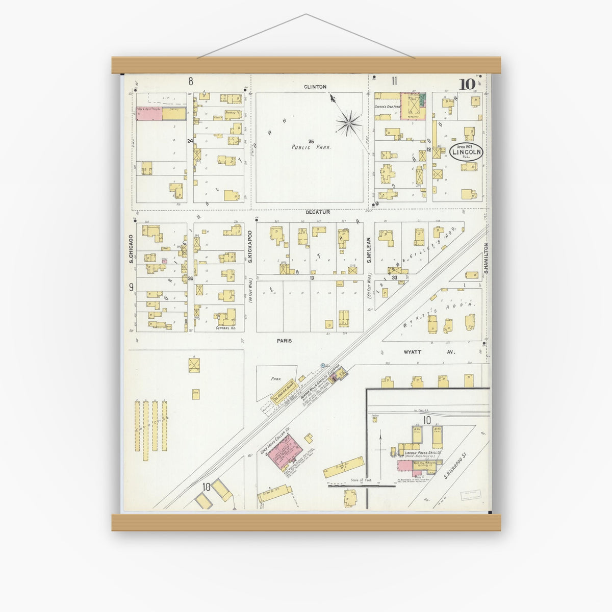 Old map wall art mockup — magnetic wood frame on white wall — Sanborn Fire Insurance Map from Lincoln, Logan County, Illinois (1902), Sheet #0010