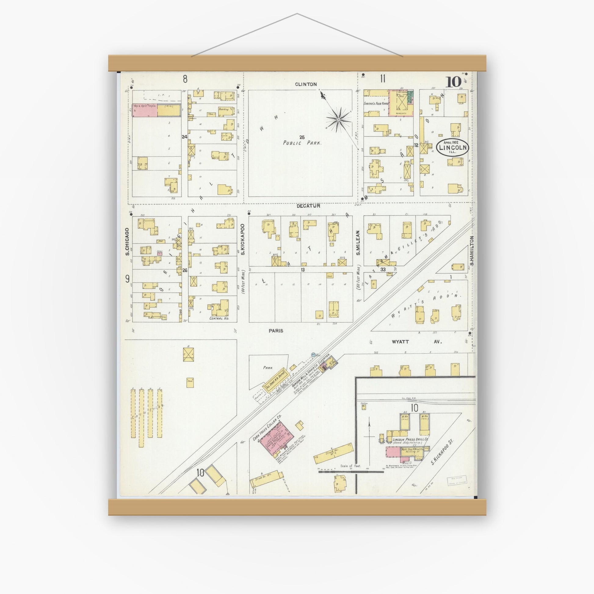 Old map wall art mockup — magnetic wood frame on white wall — Sanborn Fire Insurance Map from Lincoln, Logan County, Illinois (1902), Sheet #0010