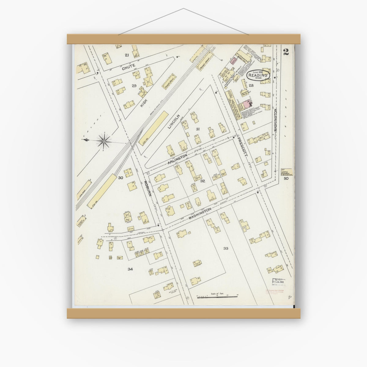 Old map wall art mockup — magnetic wood frame on white wall — Sanborn Fire Insurance Map from Reading, Middlesex County, Massachusetts (1892), Sheet #0002