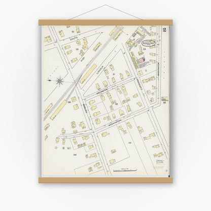 Old map wall art mockup — magnetic wood frame on white wall — Sanborn Fire Insurance Map from Reading, Middlesex County, Massachusetts (1892), Sheet #0002