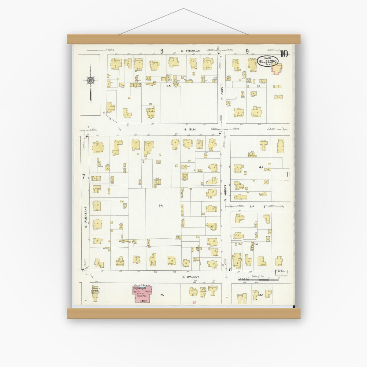 Old map wall art mockup — magnetic wood frame on white wall — Sanborn Fire Insurance Map from Hillsboro, Hill County, Texas (1911), Sheet #0010