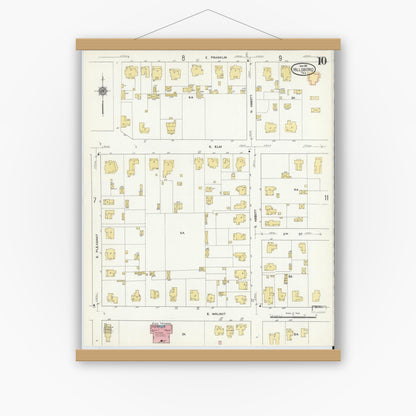 Old map wall art mockup — magnetic wood frame on white wall — Sanborn Fire Insurance Map from Hillsboro, Hill County, Texas (1911), Sheet #0010