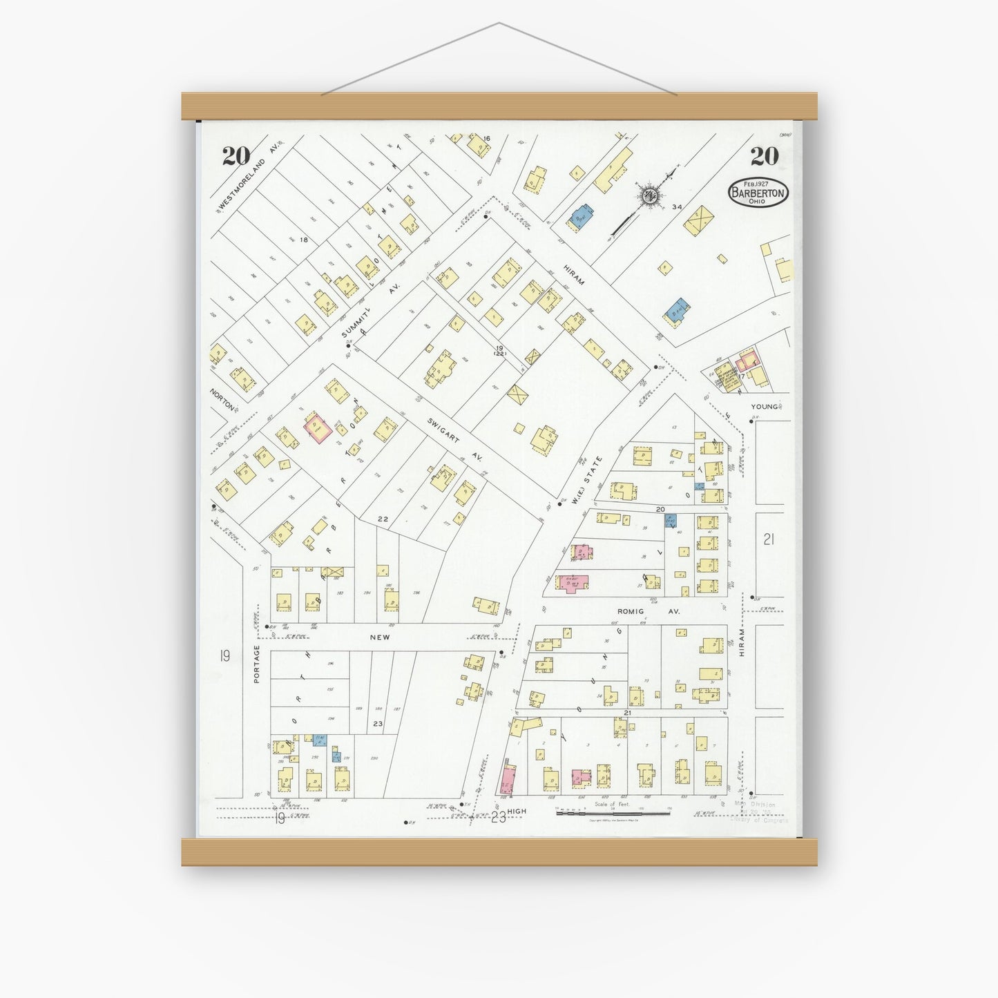 Old map wall art mockup — magnetic wood frame on white wall — Sanborn Fire Insurance Map from Barberton, Summit County, Ohio (1927), Sheet #0020