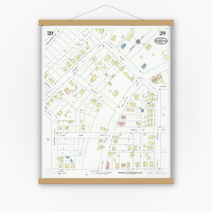 Old map wall art mockup — magnetic wood frame on white wall — Sanborn Fire Insurance Map from Barberton, Summit County, Ohio (1927), Sheet #0020