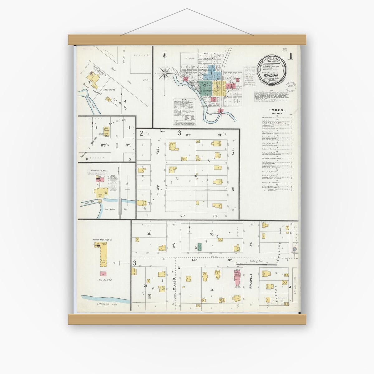 Old map wall art mockup — magnetic wood frame on white wall — Sanborn Fire Insurance Map from Windom, Cottonwood County, Minnesota (1900), Sheet #0001