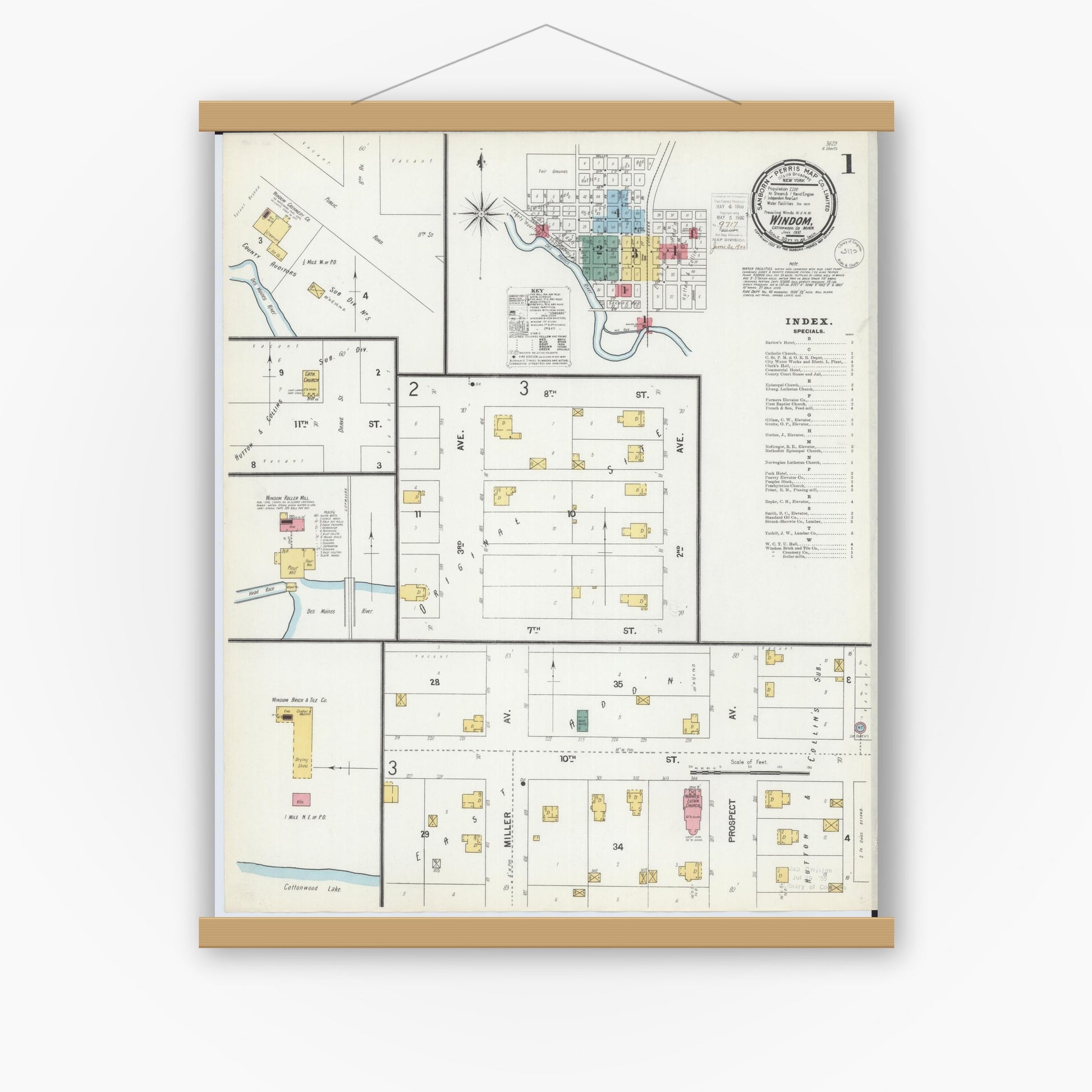Old map wall art mockup — magnetic wood frame on white wall — Sanborn Fire Insurance Map from Windom, Cottonwood County, Minnesota (1900), Sheet #0001