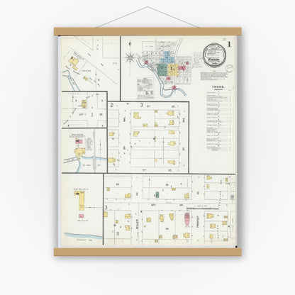Old map wall art mockup — magnetic wood frame on white wall — Sanborn Fire Insurance Map from Windom, Cottonwood County, Minnesota (1900), Sheet #0001