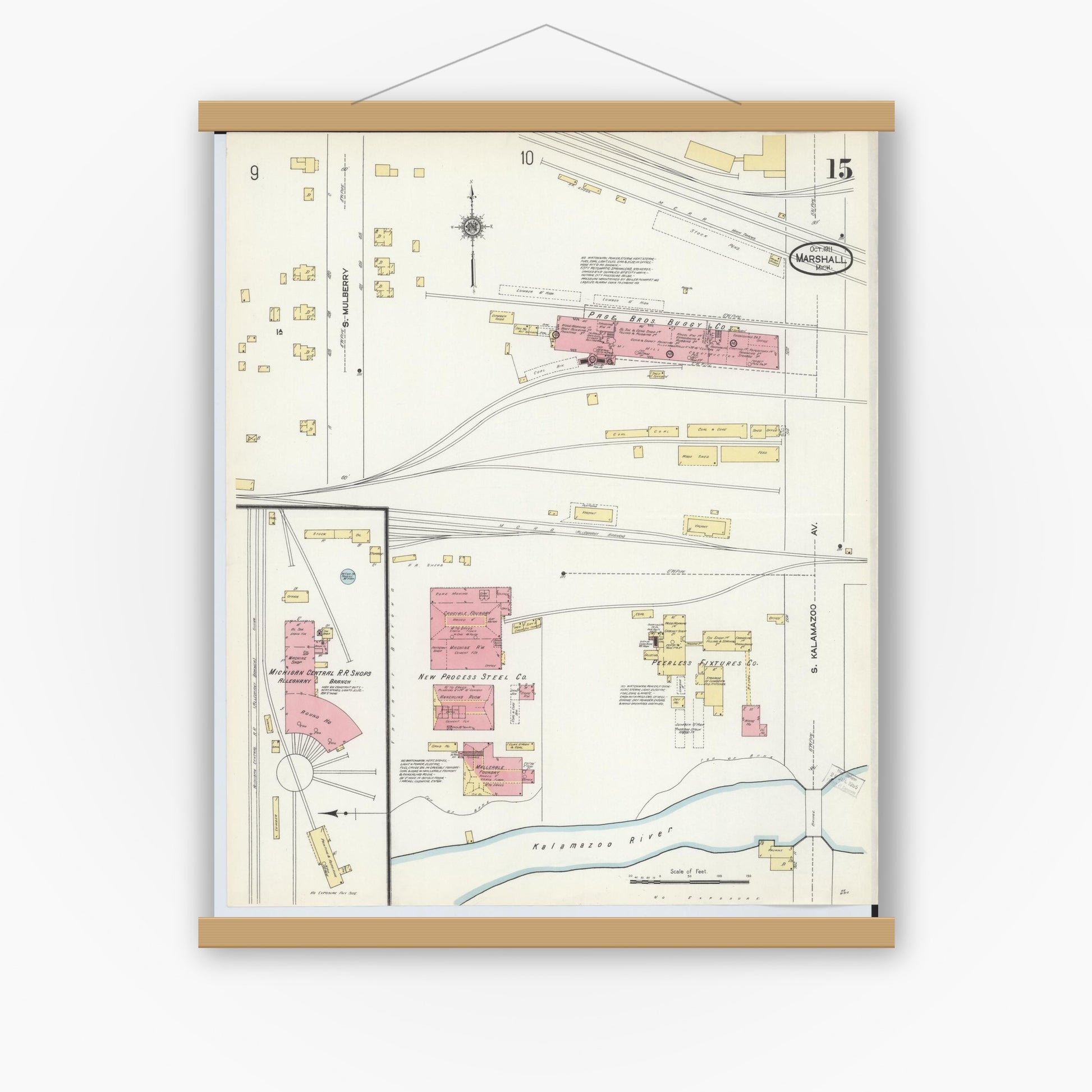 Old map wall art mockup — magnetic wood frame on white wall — Sanborn Fire Insurance Map from Marshall, Calhoun County, Michigan (1911), Sheet #0015
